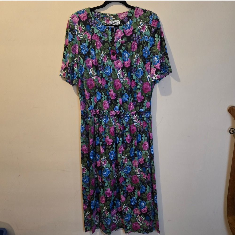 Vintage 80s Gemini II Floral Midi Dress Womens 16 Black Purple Smocked Waist USA